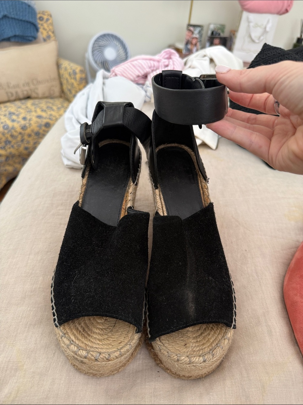 Marc Fisher Black Espadrille Wedge Sandals with Ankle Cuff